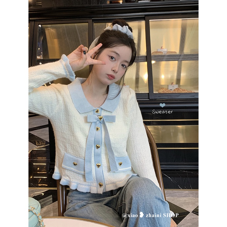 Áo len cài nơ tiểu thư pháp màu xanh kem đen quảng châu cao cấp hot tiktok phong cách Hàn quốc kozoda AC60