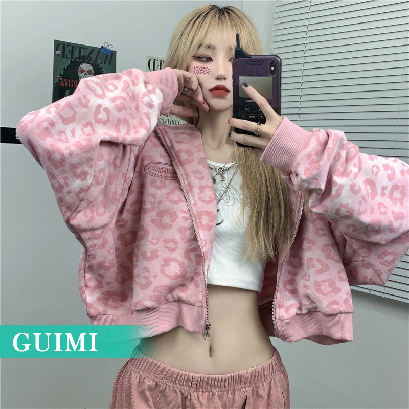 Áo khoác hoodie dáng ngắn in họa tiết báo hồng dễ thương
