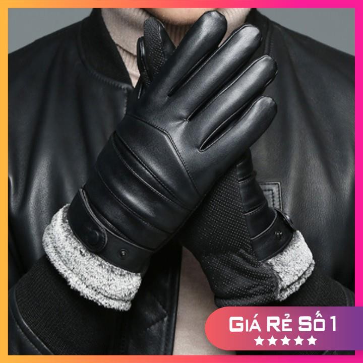 Găng tay da nam 𝐅𝐑𝐄𝐄𝐒𝐇𝐈𝐏 cổ lông cao cấp giữ ấm mùa đông chống nước cảm ứng ngón cực nhạy dáng basic + kèm ảnh thật