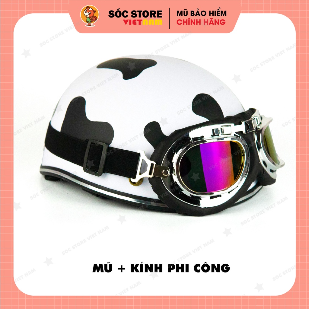 Mũ bảo hiểm nửa đầu 1/2 Bò sữa Sóc Store nhiều màu kèm kính phi công, kính UV