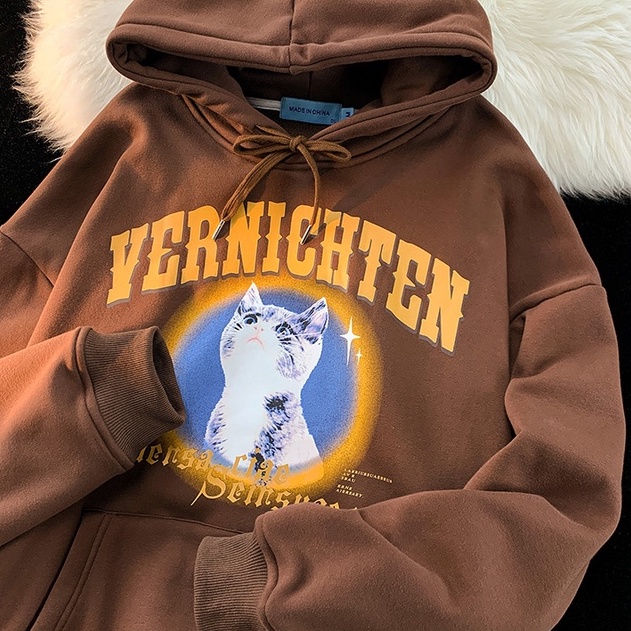Áo hoodie ZHELIHANGFEI form rộng in hình mèo phong cách retro xinh xắn cho nữ