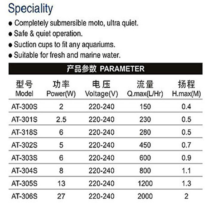 Máy bơm nước bể cá Atman AT-303S 6W, 600l/h loại tốt - Hàng Mới Nhất, Bảo Hành uy tín 1 đổi 1