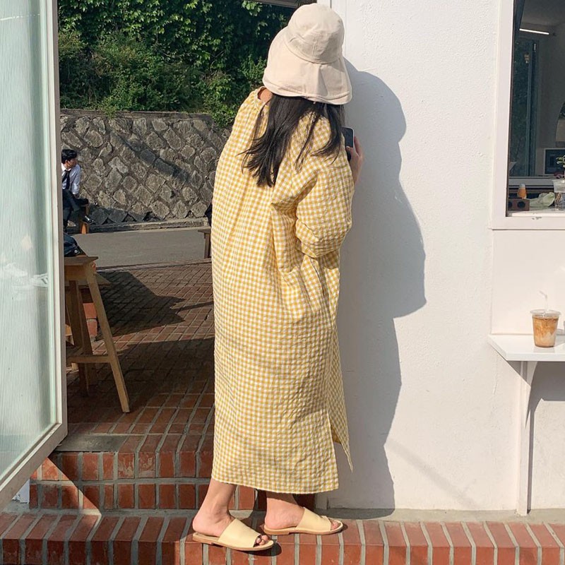Váy suông dài Vintage Hàn Quốc kẻ sọc caro vàng nhẹ nhàng thắt eo đơn giản (MẪU MỚI 2020)