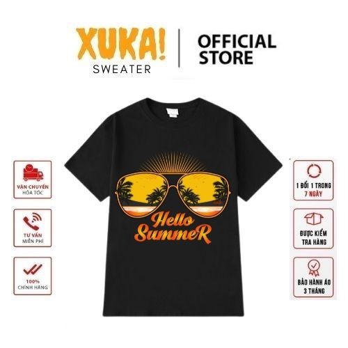 Áo thun tay lỡ XUKA cotton co dãn 4 chiều dáng unisex form châu á in hình Hello Summer kính mát