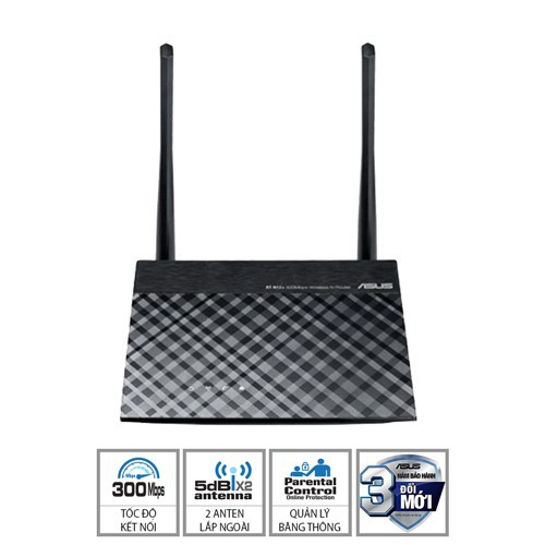 Bộ Phát Wifi Không Dây Asus RT-N12+ 2 Ăng-ten Rời 5dBi Chuẩn N300 Hỗ Trợ Tính Năng Lặp Sóng Băng Tần - Hàng Chính Hãng