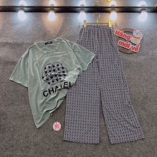  Set áo tay ngắn phom rộng giấu quần mix quần suông ống rộng. ảnh thật 