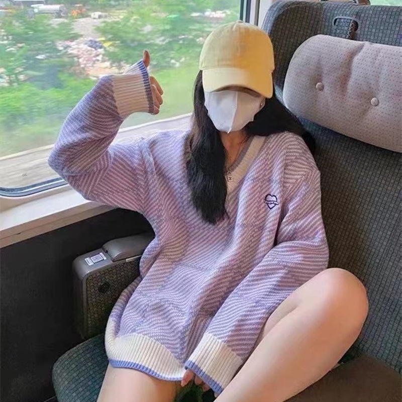 Áo sweater SUXI dệt kim cổ v dáng rộng kẻ sọc kiểu vintage thời trang mùa thu cho nữ
