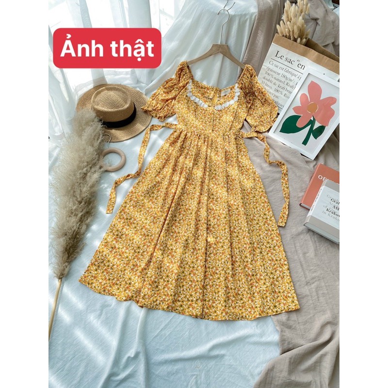 ❤KÈM ẢNH THẬT-ĐẦM MIDI HOA NHÍ VIỀN NGỰC TRẮNG VINTAGE XD