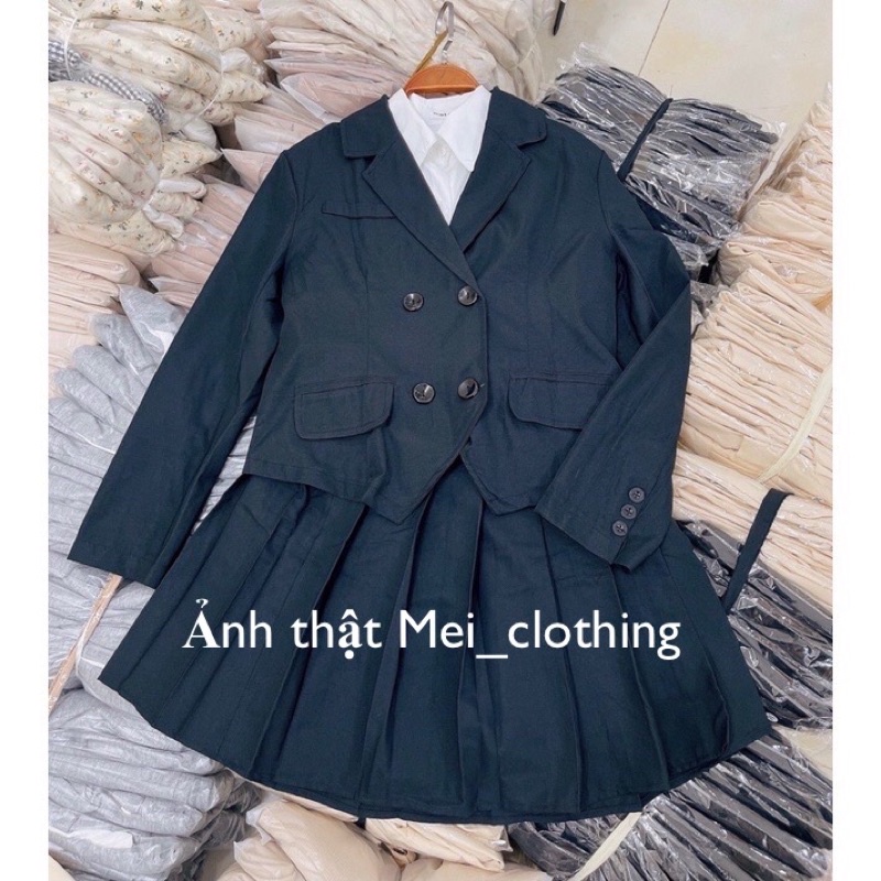 [Ảnh thật/video] Set vest dài tay phối chân váy xếp ly