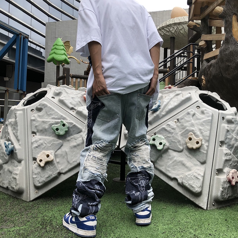 Quần Jeans ông rộng rách lưa tưa phối hoa tiết vá phong cách đường phố, Quần Jeans hiphop oversize Streetwear