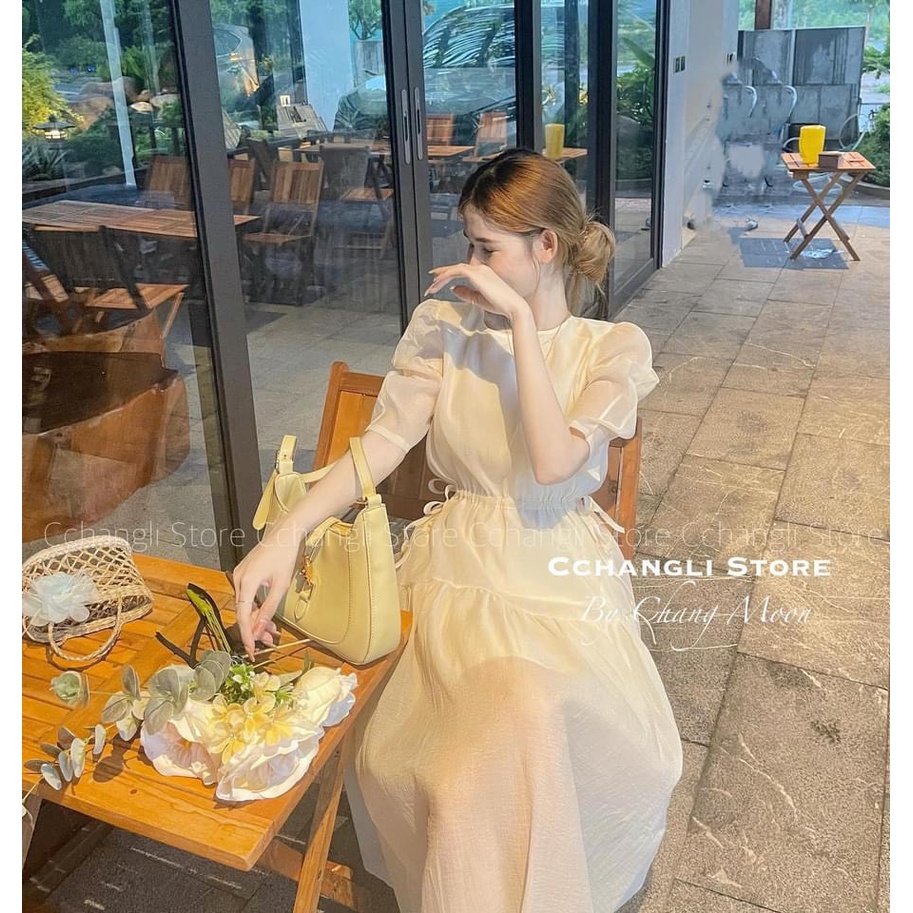 Váy tơ 2 lớp dáng xòe có rây rút eo, Váy babydoll tiểu thư