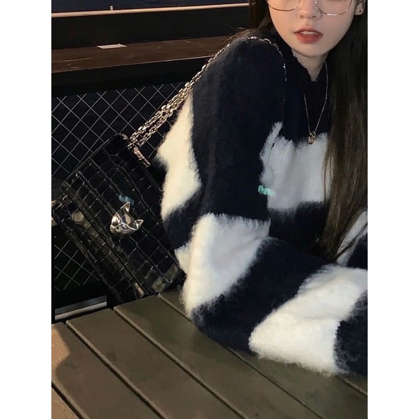 TKLIHN Áo len lông ulzzang retro kẻ ngang đen trắng OVERSIZE 2021