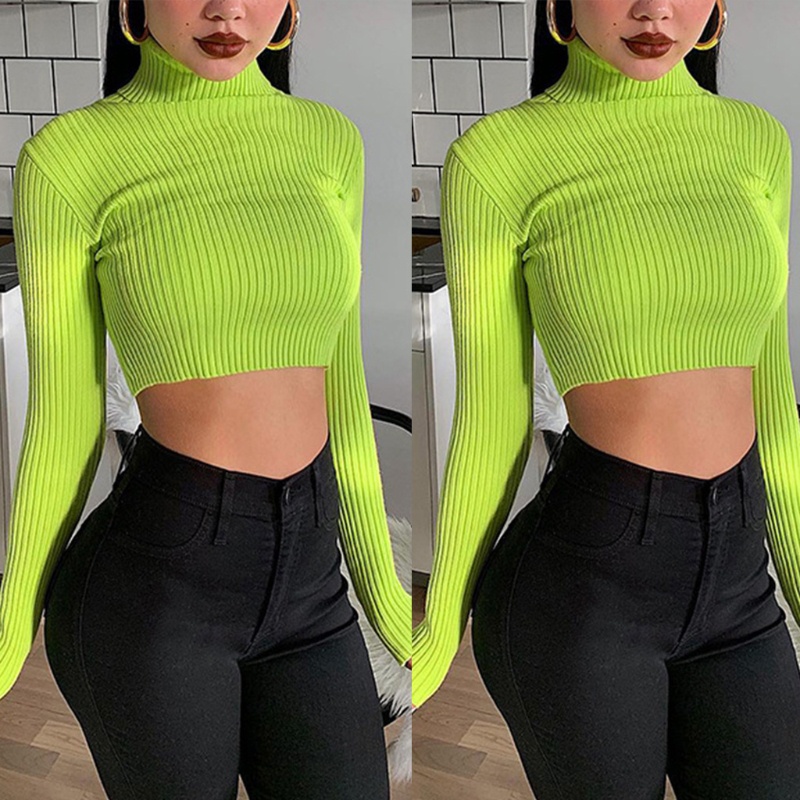 Áo croptop dệt kim cổ lọ tay dài màu neon xanh lá dáng ôm cho nữ