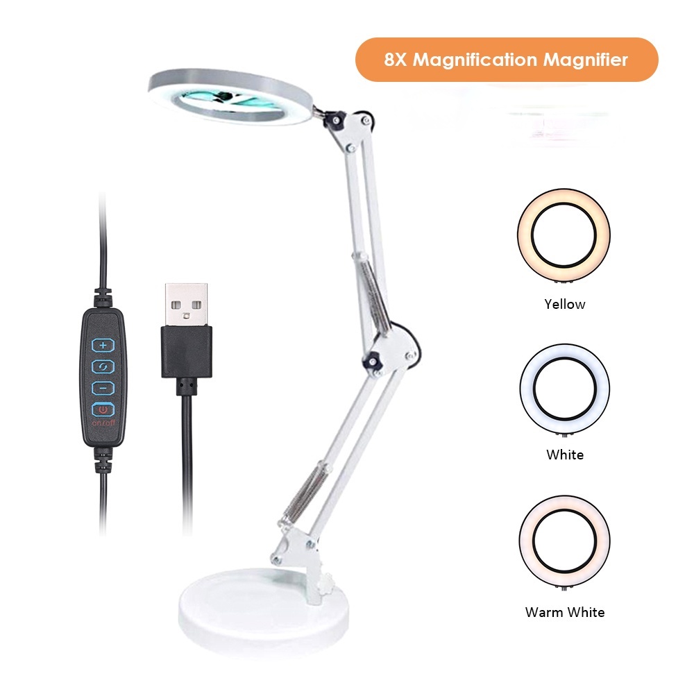 Kính lúp kiêm đèn led chiếu sáng 8x có thể gập lại dùng hàn sửa đồ dùng / làm đèn bàn / sạc qua USB với 3 màu đa năng