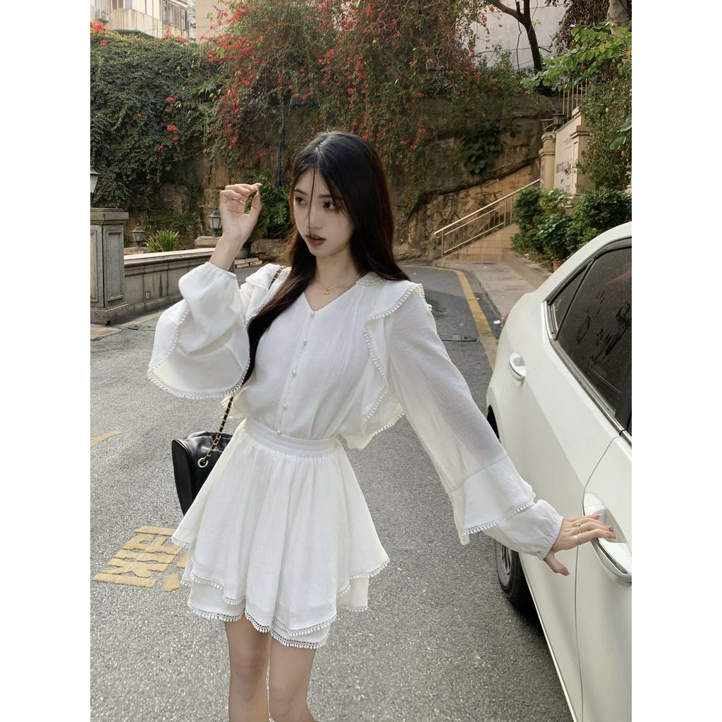 61370 Áo Sơ Mi Chiffon Mịn Tay Dài Ống Loe / Quần Culottes Ren