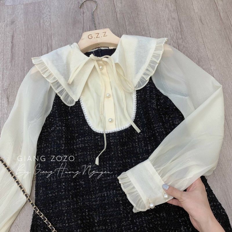 Váy dạ đen tay voan ba cúc