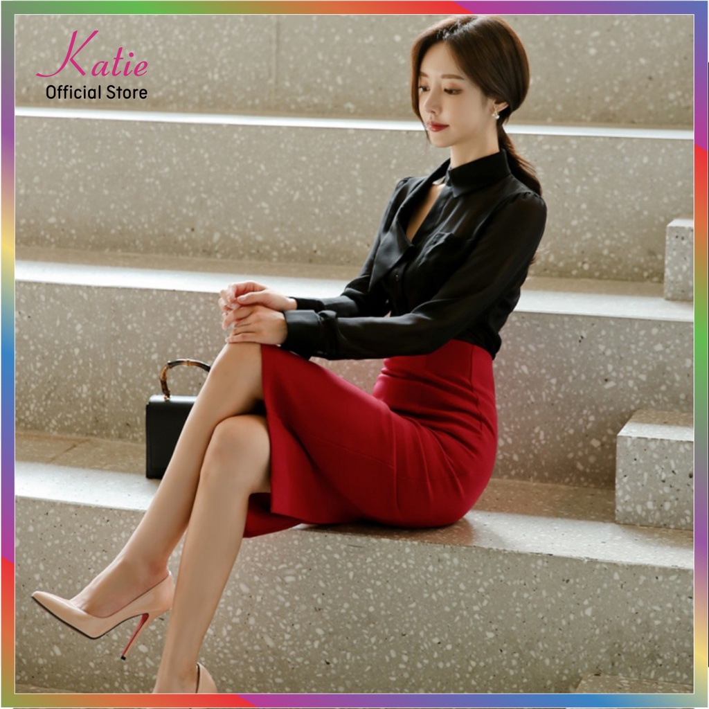 Chân Váy Công Sở Dài Qua Gối Màu Đỏ Đô  63cm Katie Váy Bút Chì BigSize 40 đến 80kg Co Giãn 4 Chiều Không Cần Ủi Cv888