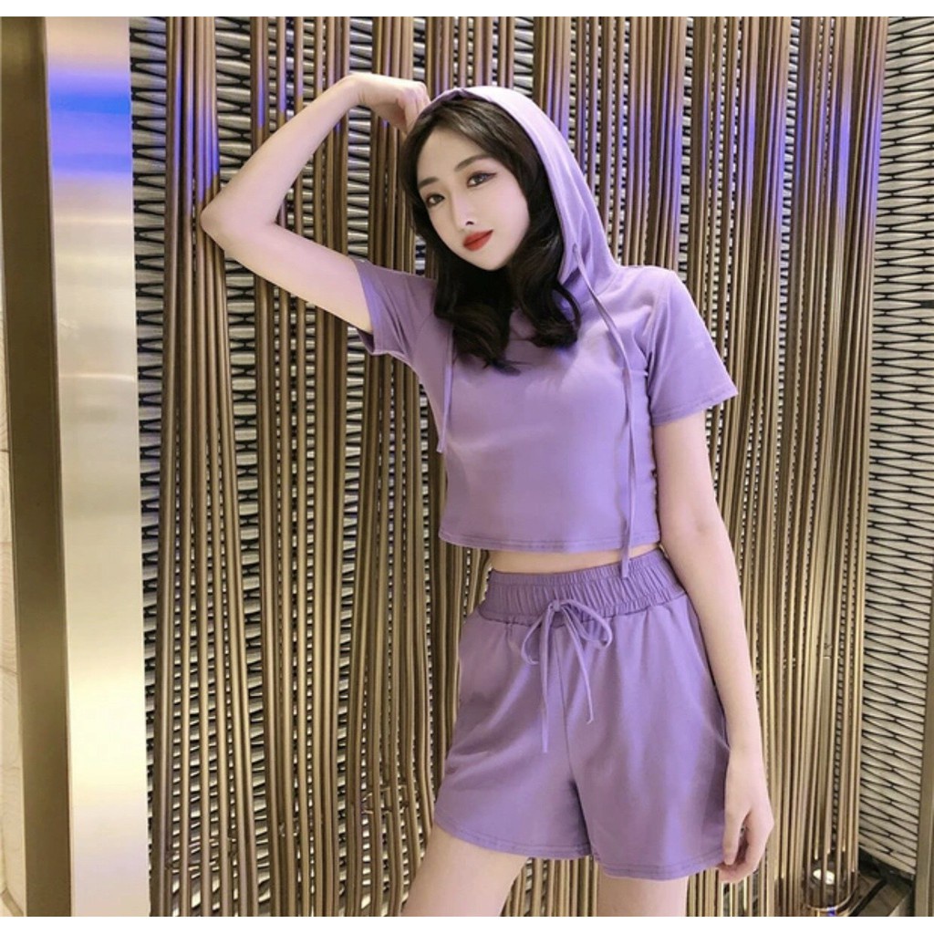 SET ÁO HOODIE CROPTOP MIX QUẦN ĐÙI TÍM ĐEN XÁM ULZZANG - BỘ THỂ THAO HOT