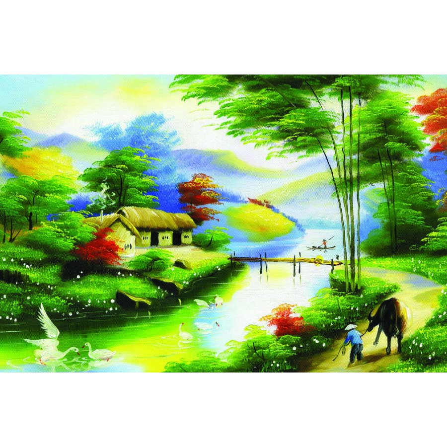 Tranh Làng Quê Thời Xưa Cũ Chuyên Dán Tường 3D, dòng sông uốc quanh làng xóm