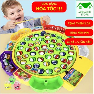 Đồ chơi câu cá, bộ đồ chơi câu cá cho bé size lớn 5 cần câu - 45 con cá phát nhạc, chất liệu nhựa abs an toàn, kèm pin