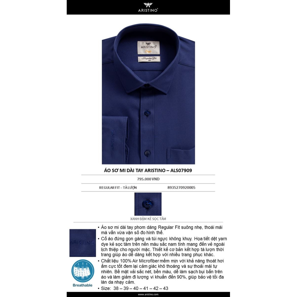 Áo Sơ Mi Nam Dài Tay ARISTINO ALS07909 Somi Công Sở Cao Cấp Màu Xanh Đậm Kẻ Sọc Tăm Vải Nano Mềm Mát Dáng Suông Có Túi | BigBuy360 - bigbuy360.vn