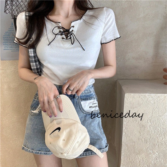 Áo Croptop Dệt Kim Ngắn Tay Phối Dây Rút Thời Trang | BigBuy360 - bigbuy360.vn