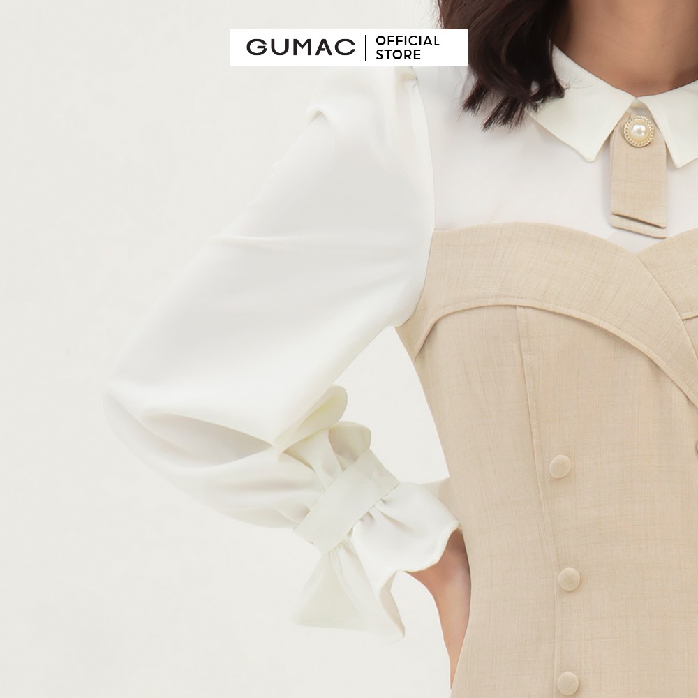Đầm nữ ôm tay dài phối nút GUMAC màu be, đủ size, phong cách thanh lịch, sang trọng DB3108