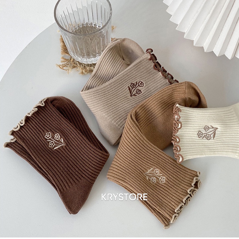 Tất nữ cổ bèo thêu hoa chất đẹp,tất nhún phong cách Hàn quốc Krystore CB10