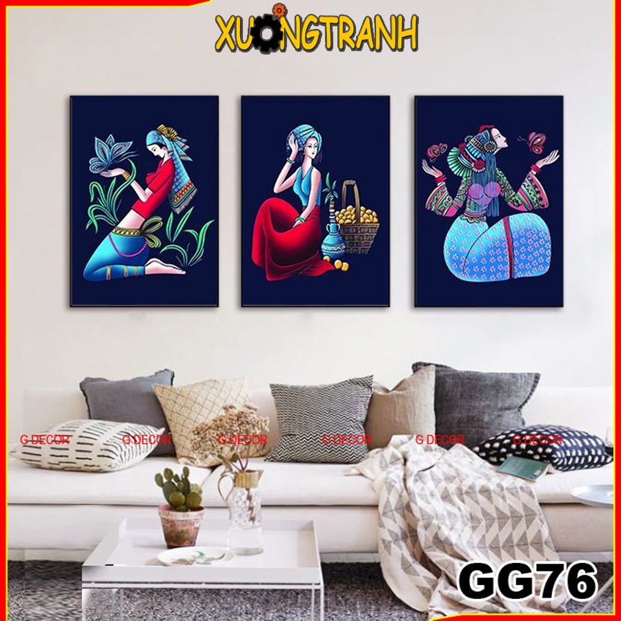 Tranh treo tường canvas 3 bức phong cách Bắc Âu 76, tranh cô gái trang trí phòng khách, phòng ngủ, phòng ăn, spa,decor.