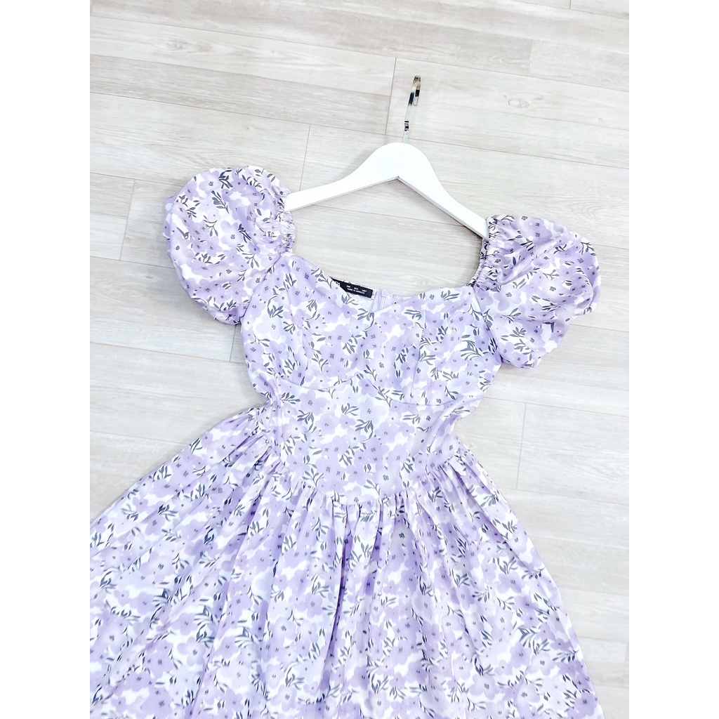 Váy tay bồng, váy hoa tím cổ U đủ size SML
