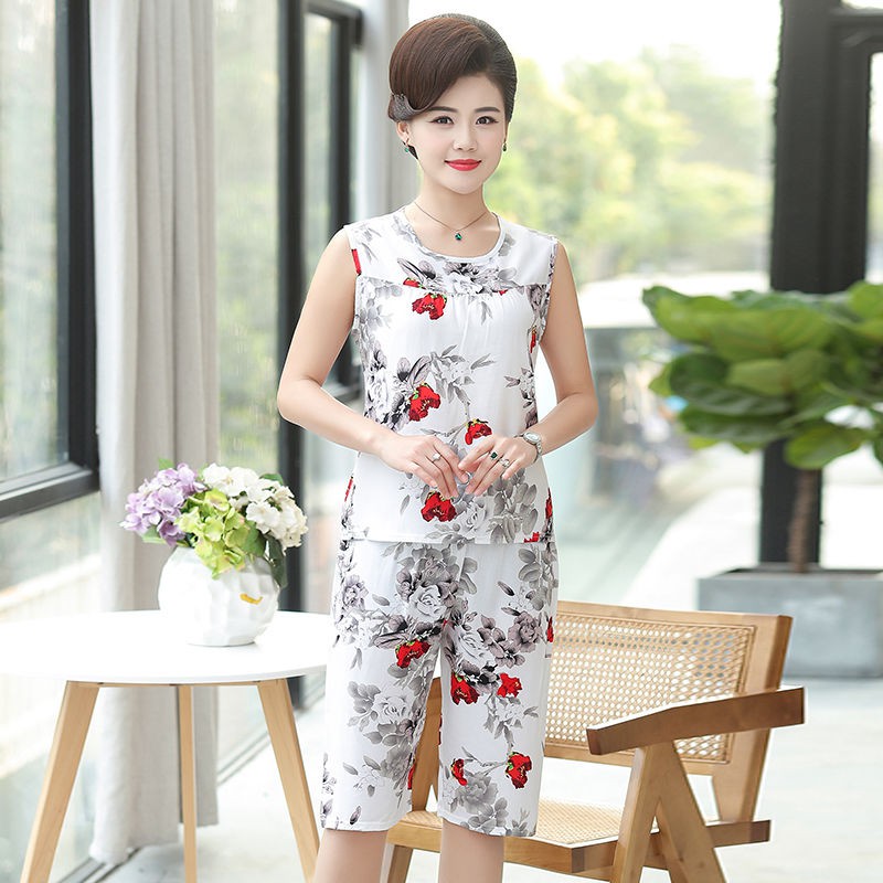 Áo vest nữ pijama dành cho người trung niên và lớn tuổi plus size bà béo cotton lụa mặc nhà bộ đồ phục vụ bằng b