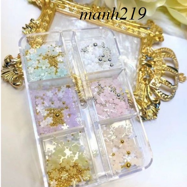 khay charm hoa nhí 6 màu hoa bi làm nail mix 6 ô trang trí nail