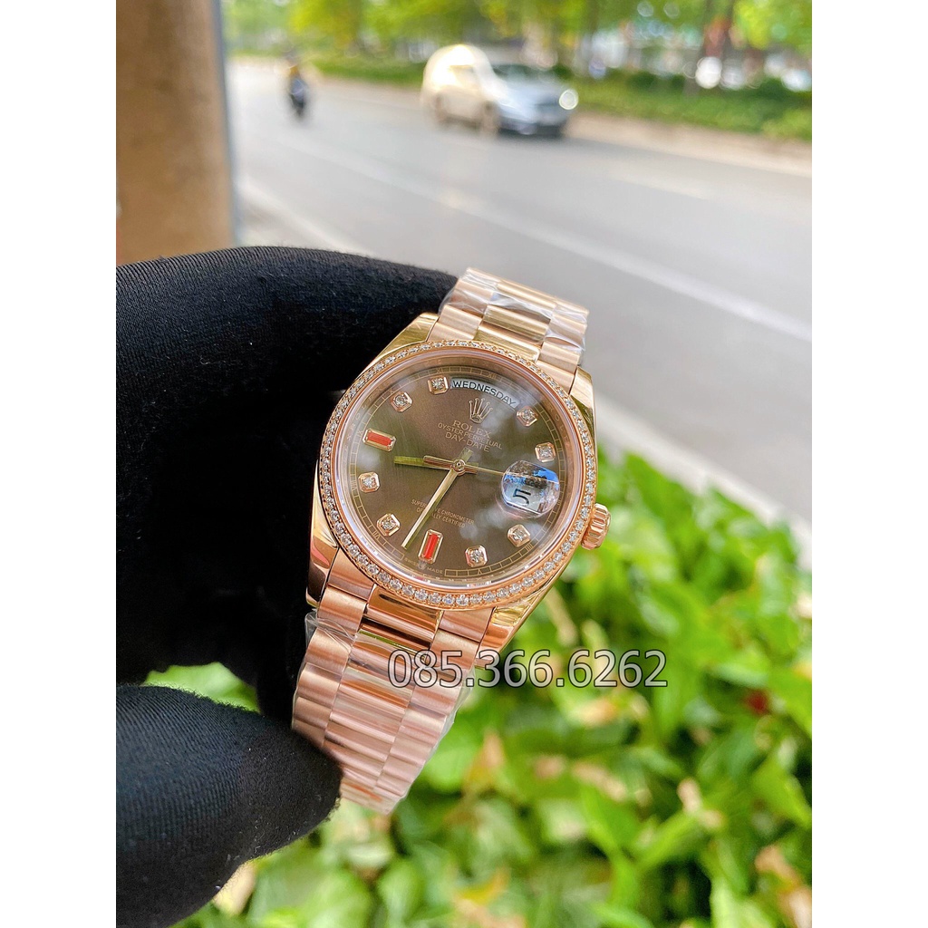 Đồng hồ nam Rolex cơ Automatic máy nhật mẫu Classic 2 lịch nâu cafe viền đá dây vàng hồng size 40-41mm
