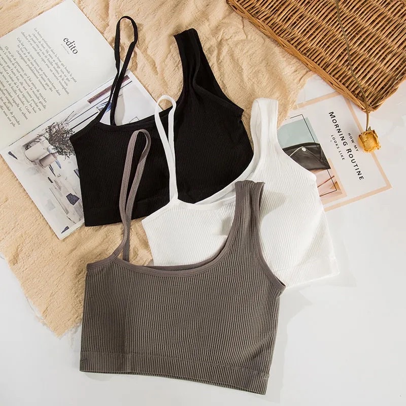 Áo Bra Dây Chéo Cổ Nữ Màu Đen Trắng Xám Chất Cotton Siêu Co Dãn Dáng Croptop Sát Nách Không Tay Có Miếng Độn Ngực