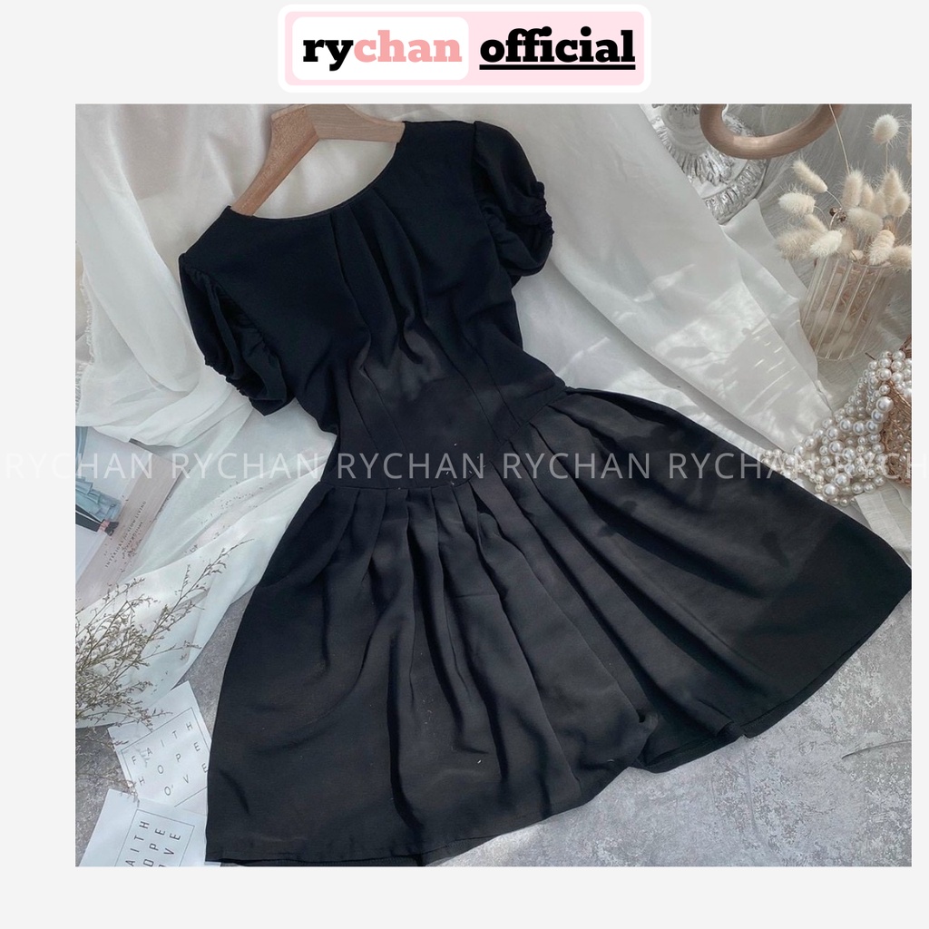Đầm Xòe Đen Chiết Eo Tay Phồng Xếp Ly  - DX0023