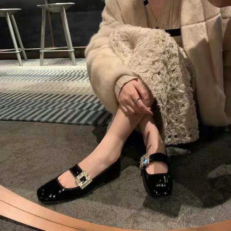 Giày Mary Jane mũi vuông đính đá thời trang mùa thu cho nữ