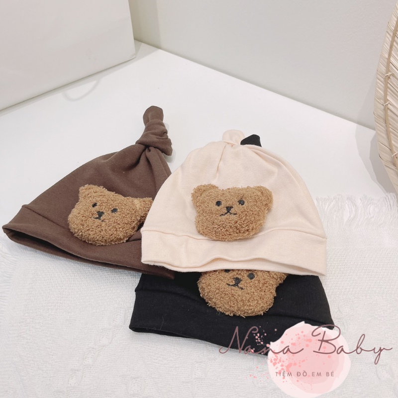 Mũ nón chất cotton thắt nút đính gấu đáng yêu cho bé 0-12m NanaBaby MD63