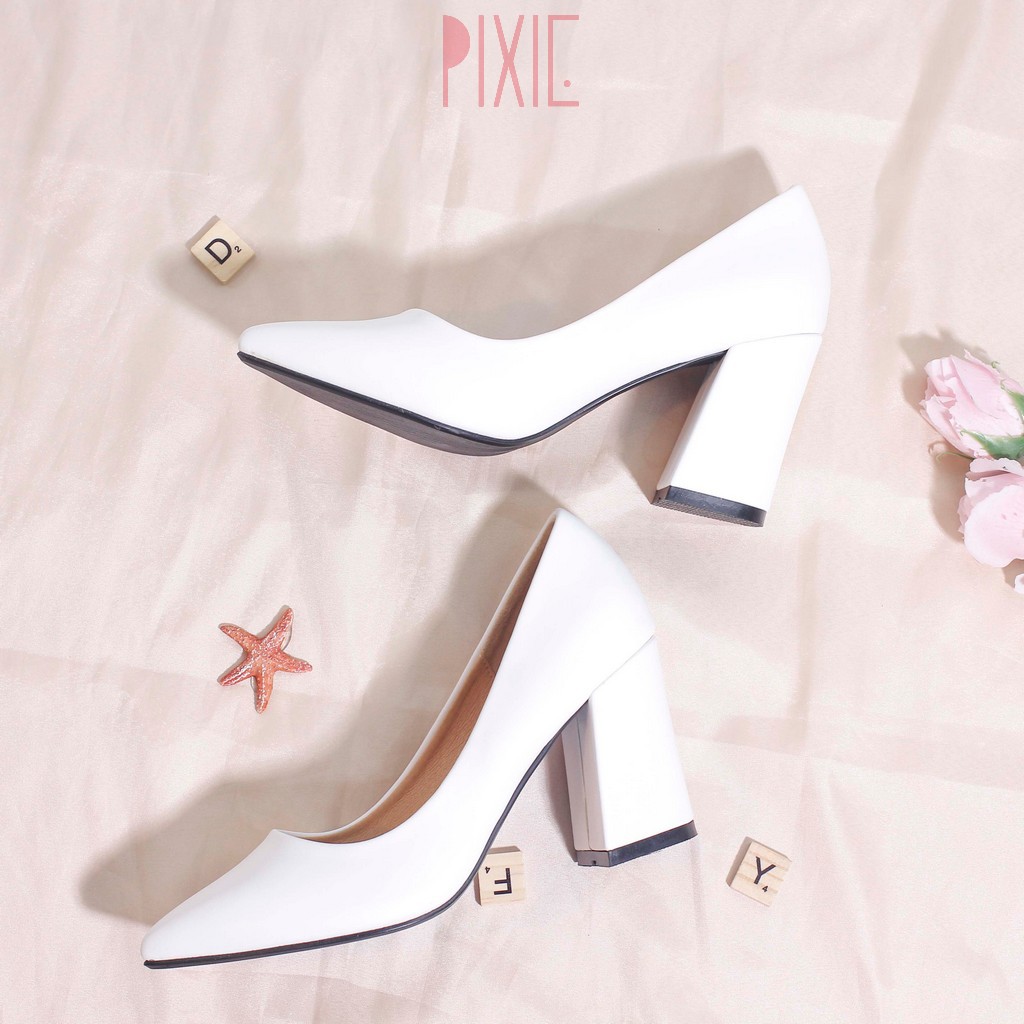 Giày Cao Gót 7cm Đế Vuông Mũi Nhọn Basic Màu Đen Pixie P159