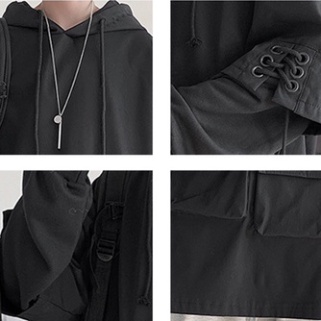 Áo hoodie tay nối đan dây full đen túi hộp unisex nam nữ hip hop Châu Âu