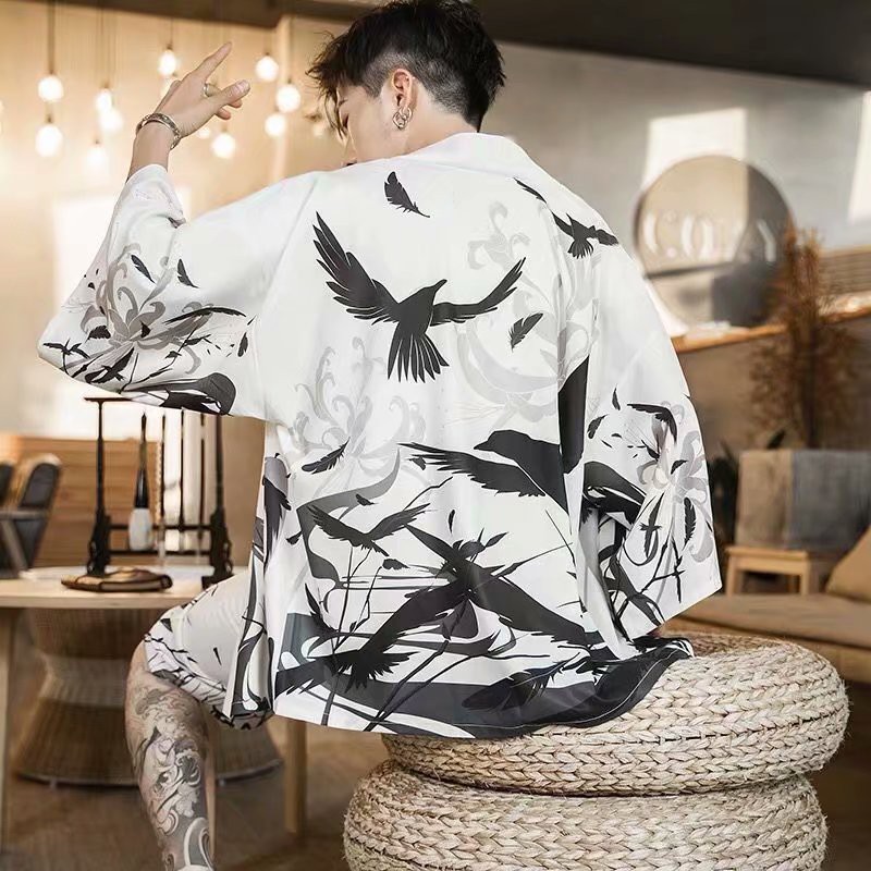 Áo Khoác kimono Tay Lỡ Họa Tiết Chim Hạc / Sóng Biển Phong Cách Nhật Bản Cho Nam Và Nữ