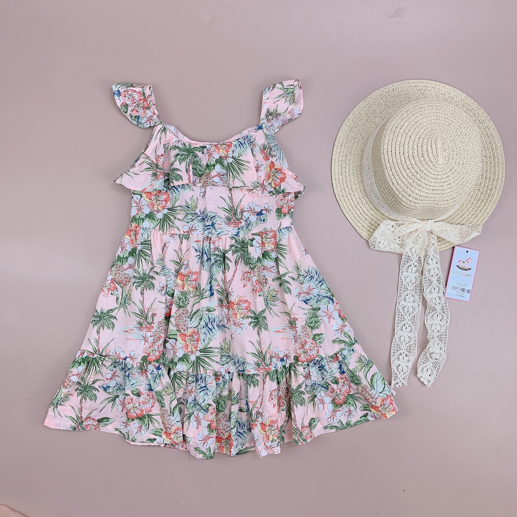 Váy linen Cheek xuất Hàn vai ngực bèo hồng hoa cây dừa BG