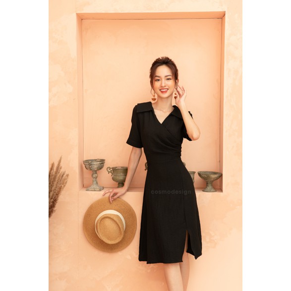 [COSMO Design] Ôm Đen Xếp Ly Sườn Xẻ Tà Thân Trước