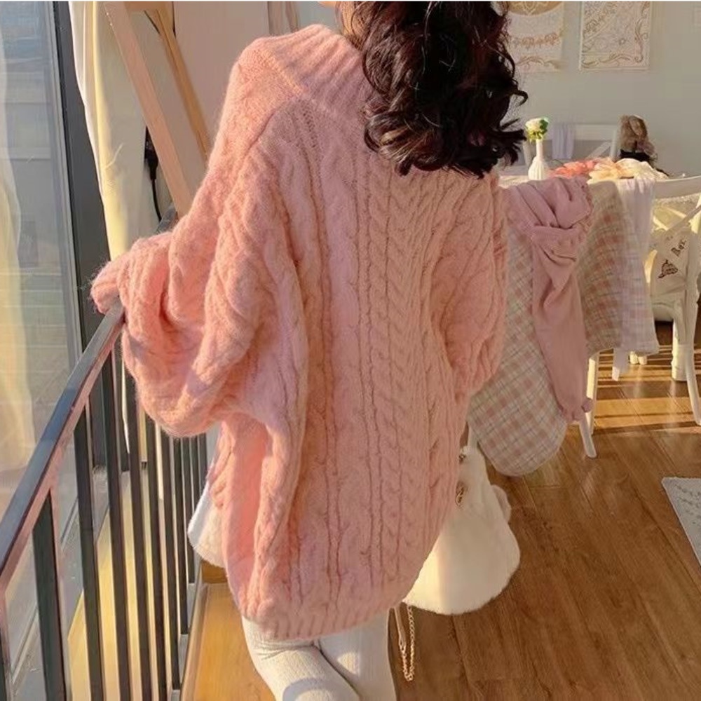Áo Sweater Cổ V Dáng Rộng Màu Hồng Thời Trang Mùa Thu Cho Nữ