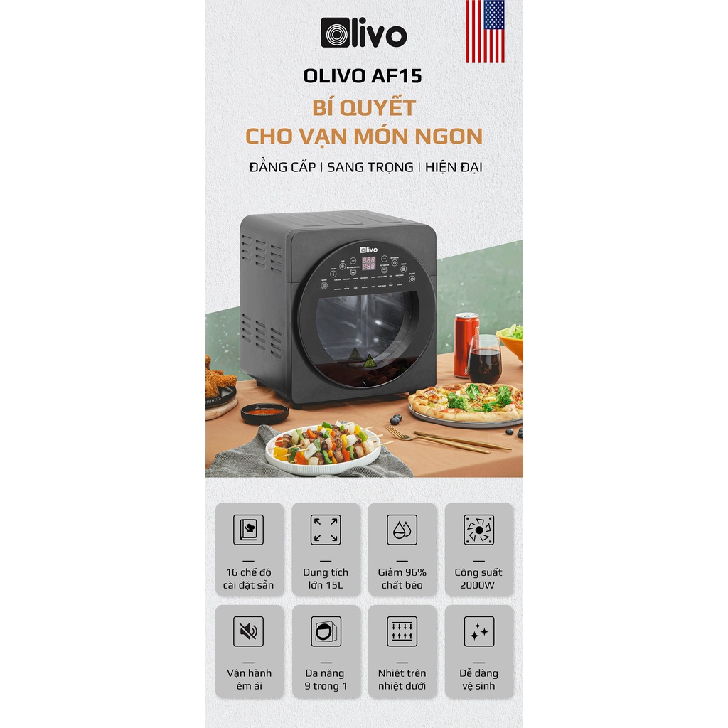 Nồi chiên không dầu Olivo AF15  - Tích hợp 16 chức năng - Hàng chính hãng bảo hành 24 tháng | QA Mart