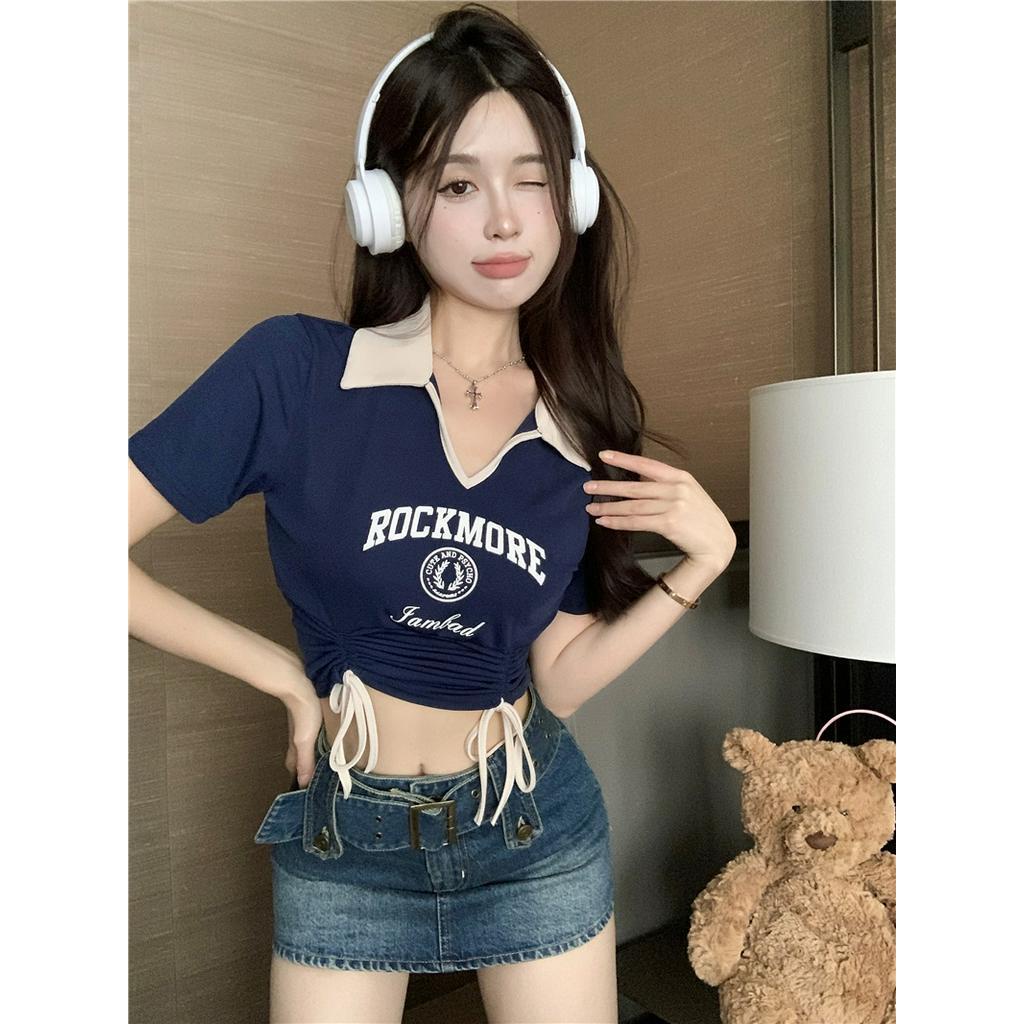 Áo Thun Ngắn Mỏng Cổ polo Rút Dây Màu Sắc Nổi Bật Thời Trang Cho Nữ