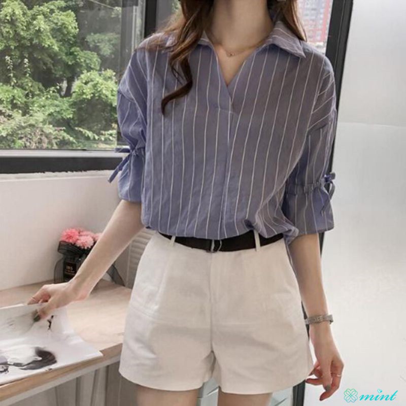 [Mã FAMAYWA giảm 10K đơn 50K] Áo kiểu tay ngắn hoạ tiết kẻ sọc thiết kế cổ chữ V nữ tính | BigBuy360 - bigbuy360.vn