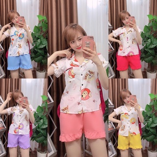 Set đồ ngủ pijama đùi phối quần bèo kate lụa siêu xinh họa tiết dễ thương freesize dưới 57kg