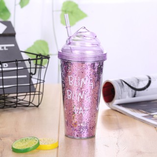 Glitters Pattern Double Layer Plastic Straw Bottle Innovative Gift Ice Cream Straw Bottle