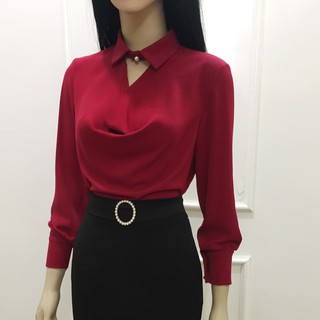 Áo sơ mi nữ màu đỏ cổ đổ💝Áo nữ dài tay vải không nhăn cao cấp