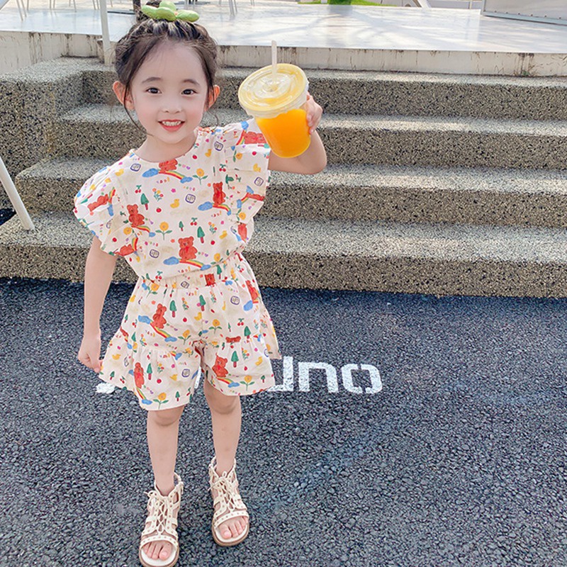 Hàng Mới Về Set Áo Thun Ngắn Tay In Hình Hoạt Hình + Quần Short Thời Trang Cho Bé Gái